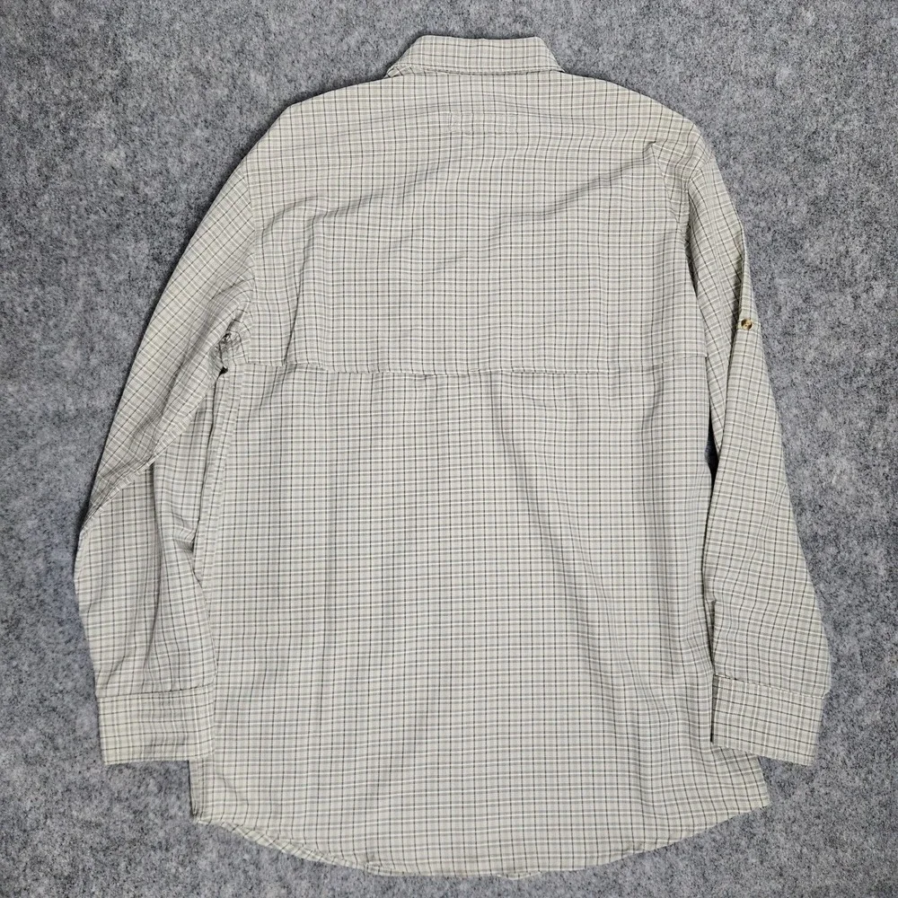 LL Bean Shirt Men M Tall Yellow Gray Plaid Mesh Line Vented Back Roll Tab Hiking